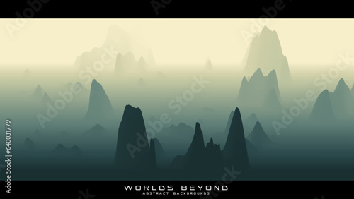 Abstract green landscape with misty fog till horizon over mountain slopes. Gradient eroded terrain surface. Worlds beyond.