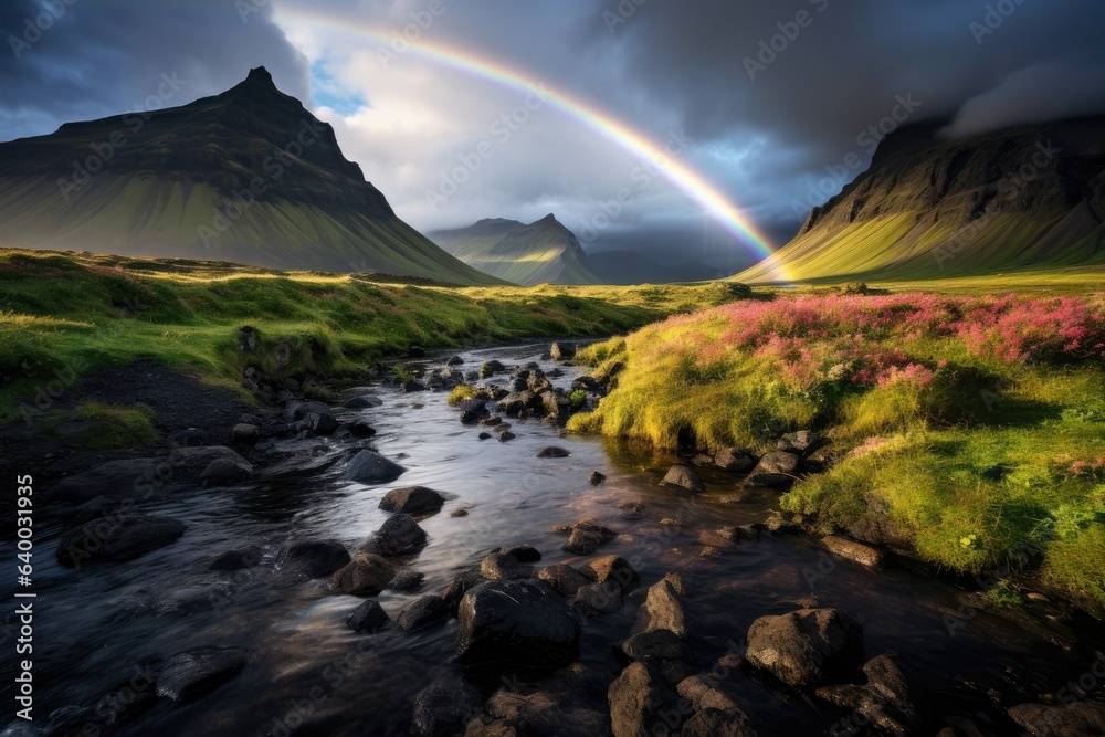 A vibrant rainbow arching over a scenic landscape, Stunning Scenic World Landscape Wallpaper Background