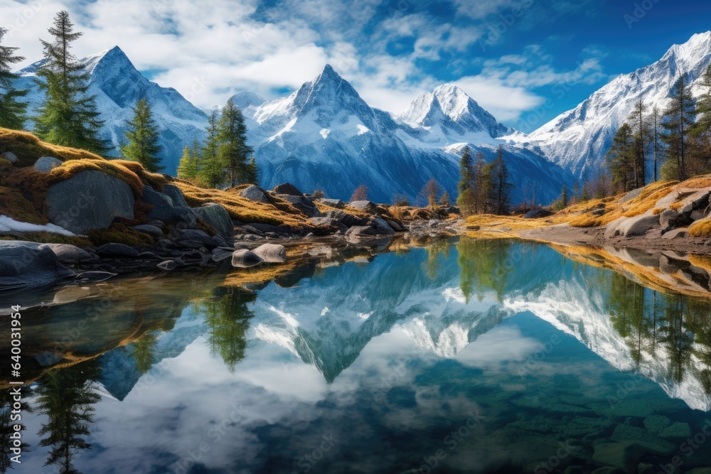 A reflection of mountains in a calm, mirror-like lake in Patagonia, Rocky Mountains, Dolomites, Stunning Scenic World Landscape Wallpaper Background