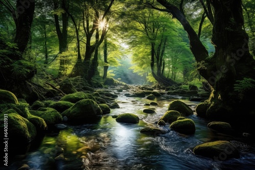 A dense forest with a winding river or stream, Stunning Scenic World Landscape Wallpaper Background