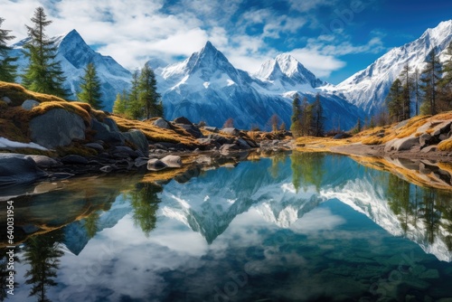 A reflection of mountains in a calm, mirror-like lake in Patagonia, Rocky Mountains, Dolomites, Stunning Scenic World Landscape Wallpaper Background