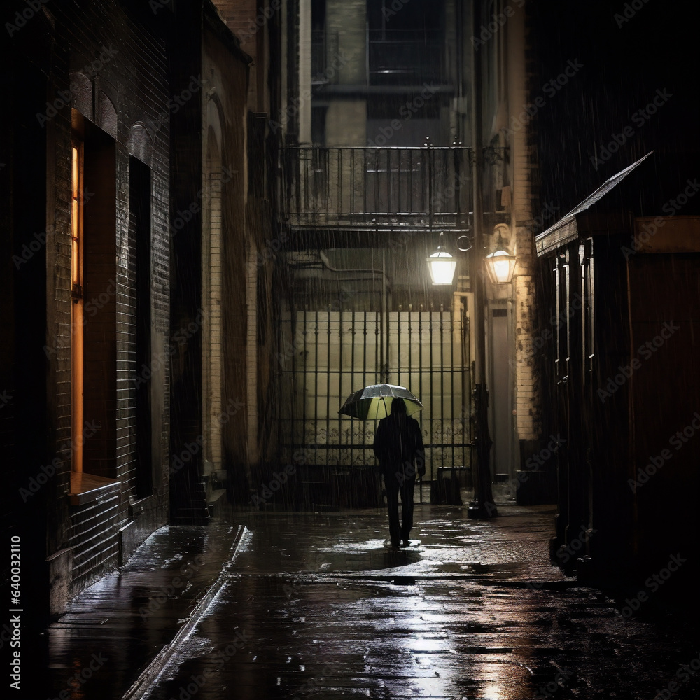 man under the rain with an umbrella in a dark street - generative AI man under the rain with an umbrella in a dark street - generative AI
