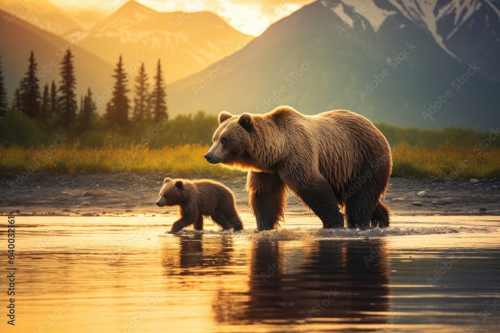 A mother grizzly bear and a cub walking along a river in Alaska ...