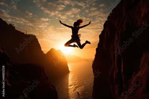Canvas-taulu an athletic woman is jumping between two nearby cliffs experiencing joy and exhilaration, in silhouette with the sun setting behind her