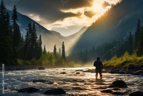 a fly fishermen shown from behind while fishing in a beautiful and majestic river, Stunning Scenic World Landscape Wallpaper Background © Distinctive Images