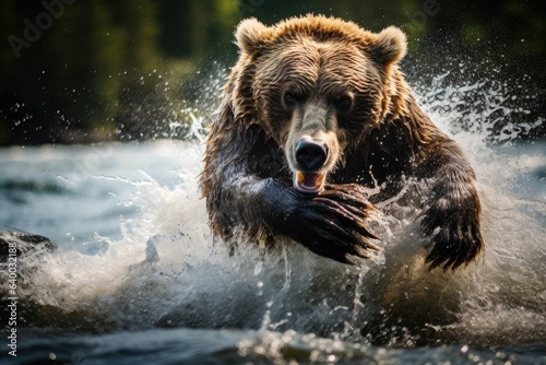a charging ferocious grizzle bear charging in a river in Alaska, Stunning Scenic World Landscape Wallpaper Background © Distinctive Images