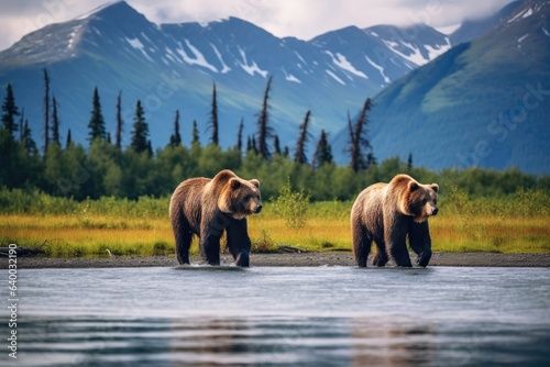Fotografia A mother grizzly bear and a cub walking along a river in Alaska, Stunning Scenic