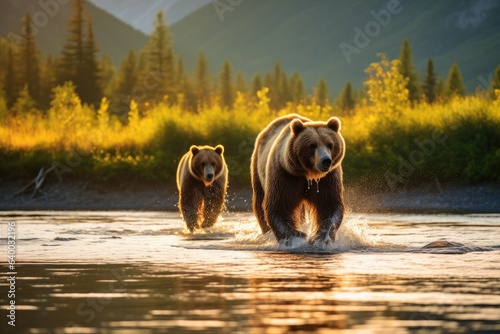 A mother grizzly bear and a cub walking along a river in Alaska, Stunning Scenic World Landscape Wallpaper Background
