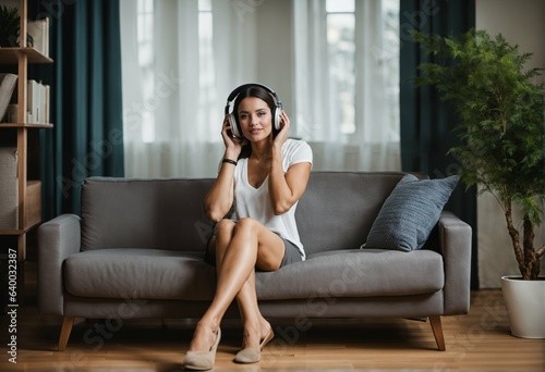 Girl sitting on sofa listening to music at home with headphones - young woman