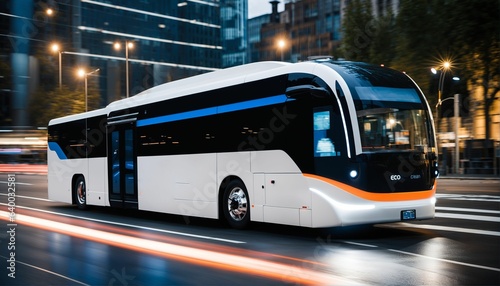 Sleek and ultra-modern self-driving autonomous electric bus on city street with neon lights and motion blur