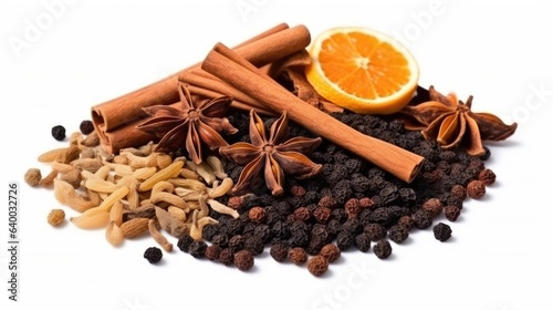 A pile of spices and an orange on a white surface. Digital image.