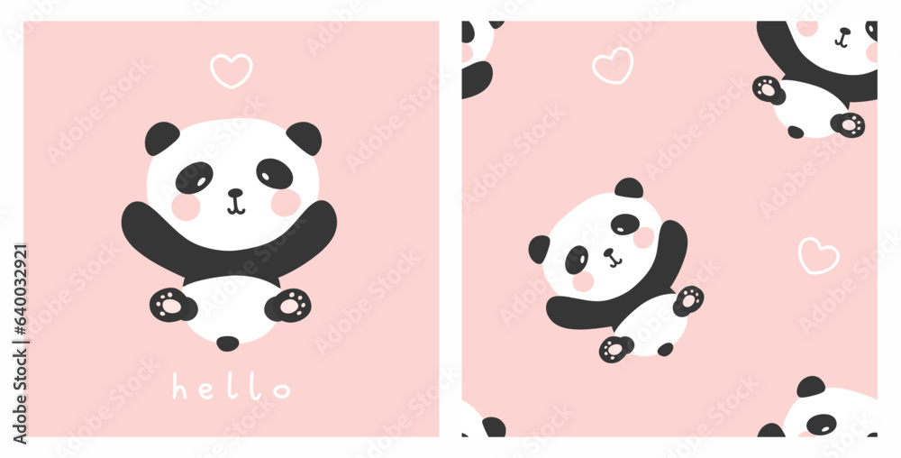 panda bear hand drawn cute flying with hearts on a soft pastel pink background, cute kids seamless pattern