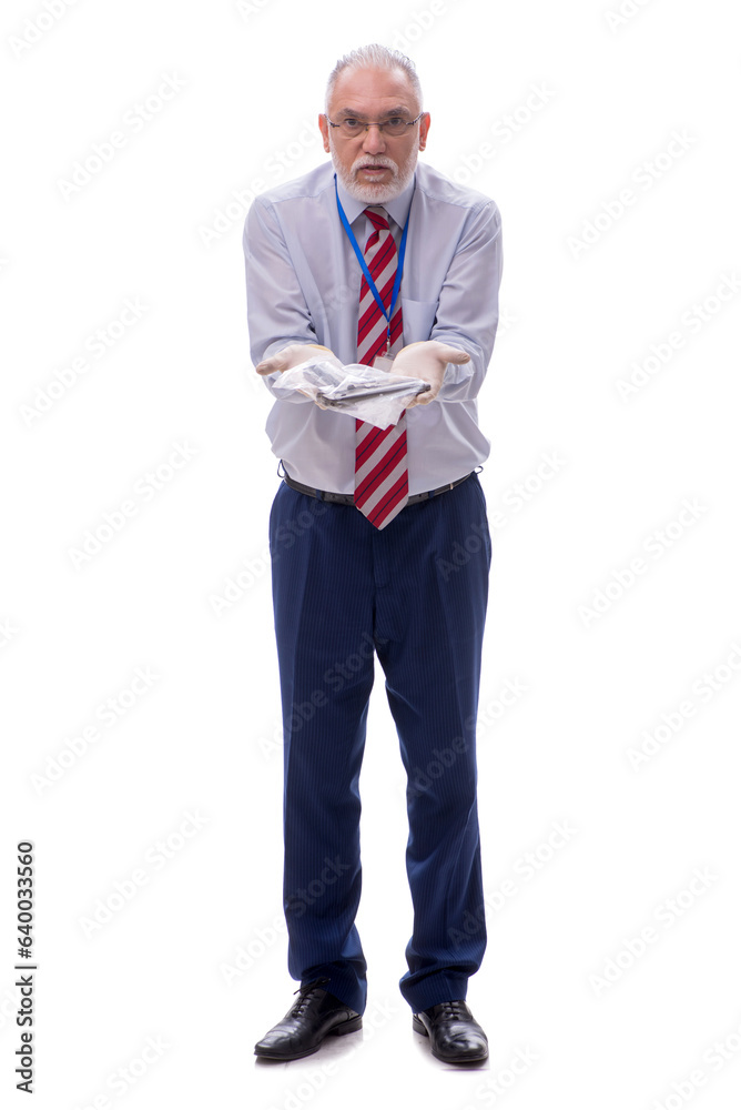 Old criminologist isolated on white Old criminologist isolated on white