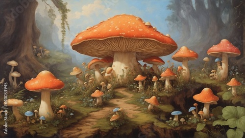 adventure path with mushrooms in style of oil painting