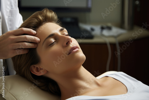 Woman laying in hospital bed with her eyes closed, getting head massage. This image can be used to depict rest, recovery, healthcare, or hospitalization.