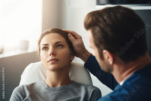Woman sits while man strokes her hair. This image can be used to showcase hairdressing, hair care and beauty services. © vefimov