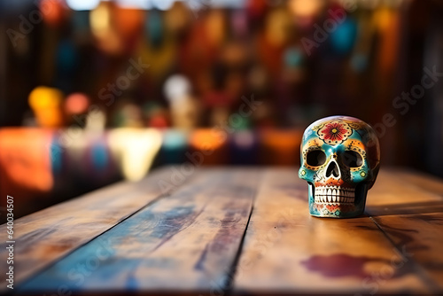 wooden table with Sugar Skull, blurred background day of the dead in Mexico, altar of the dead, background for advertisement or temporary promotion