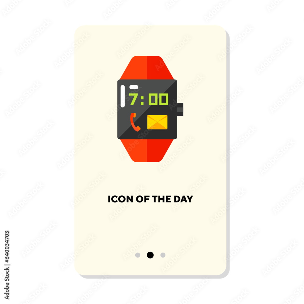 Naklejka premium Red smartwatch with time and call button flat icon. Vertical sign or vector illustration of digital watch, gadget or device element.Technology, accessories,communication,sports for web design and apps