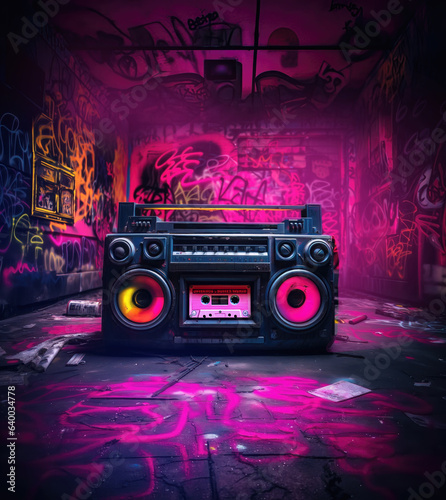 Fotografia Retro old design ghetto blaster boombox radio cassette tape recorder from 1980s in a grungy graffiti covered room