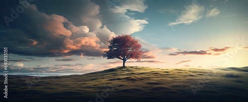 single tree standing alone on a hill against sky with clouds Generative AI