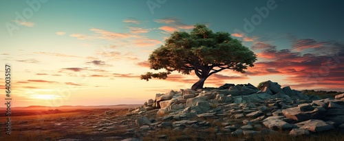 a green tree on a rocky hill during the sunset Generative AI