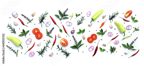 Cooking ingredients, Various fresh vegetables and herbs on white background.