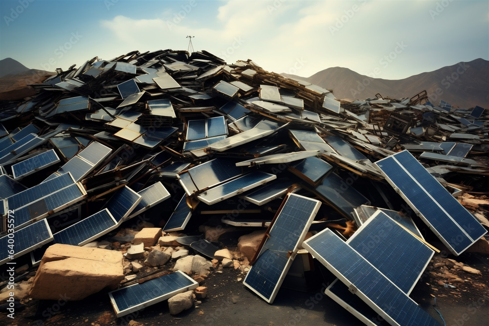 Old Trashed Solar Panels Piled Up in a Landfill or Scrap Yard, Difficult to Recycle, Generative AI - obrazy, fototapety, plakaty 
