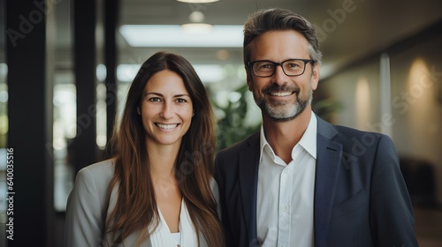 two male and female business people with a confident smile standing in an office. generative AI photo
