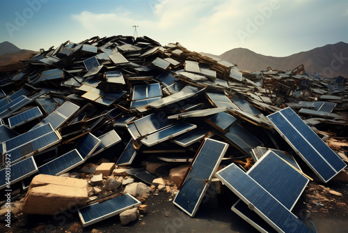 Old Trashed Solar Panels Piled Up in a Landfill or Scrap Yard, Difficult to Recycle, Generative AI