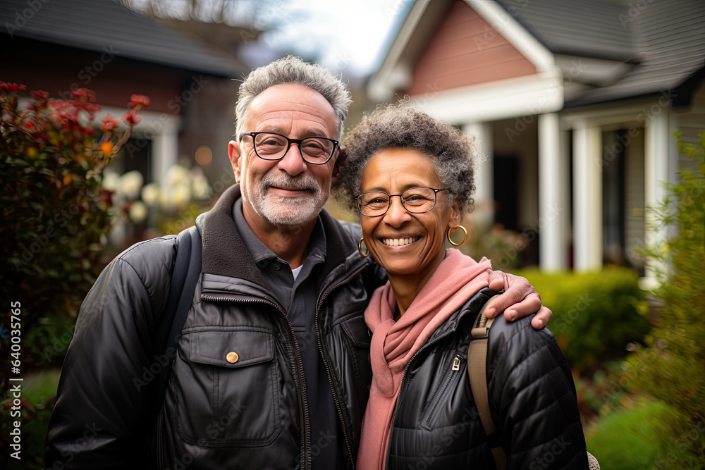 Happy elderly couple is hugging in front yard of their new home Happy elderly couple is hugging in front yard of their new home