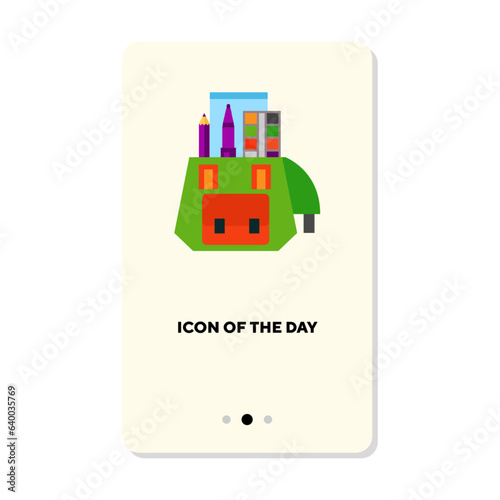 Green open backpack with textbooks and stationery flat icon. Vertical sign or vector illustration of school supplies, attributes element. Education, back to school, stationery for web design and apps