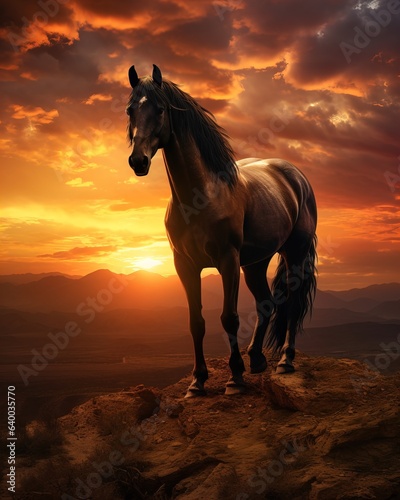Beautiful horse stands on rock at sunset