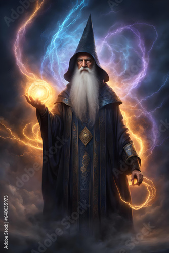 illustration of an elderly Bearded Wizard with magic aura - generative ai