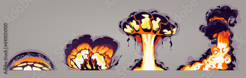 Set of colorful vector explosions. Explosion timing animation. Sequential chronology of the explosion of a bomb, rocket. Explosion visual effects, mushroom explosion, weapon. Cartoon illustration.