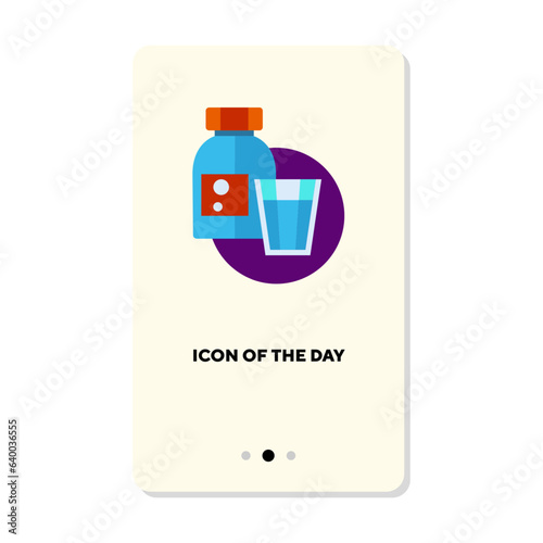 Syrup bottle with cup flat vector icon. Prescribed medication for illness treatment isolated vector illustration. Medicine, pharmacy, remedies concept concept for web design and apps