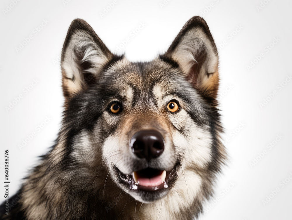 Cute confused wild wolf portrait and white background. Generative AI