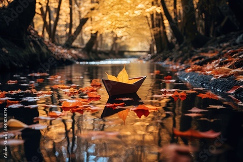 Fototapeta Maple leaf toy boat floats on pond in autumn