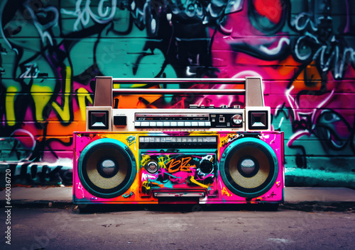 Retro old design ghetto blaster boombox radio cassette tape recorder from 1980s in a grungy graffiti covered room.music blaster 