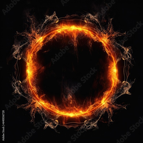 Round fire frame on a black backdrop. Abstract background. Design element.