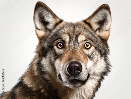 Cute confused wild wolf portrait and white background. Generative AI