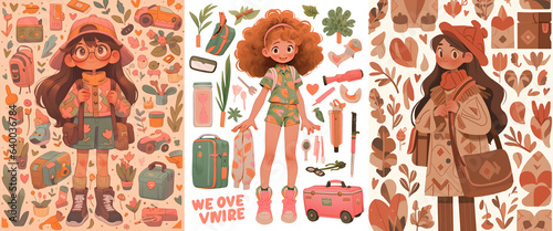 Cute girl illustration. Sheet of girl's stuff
