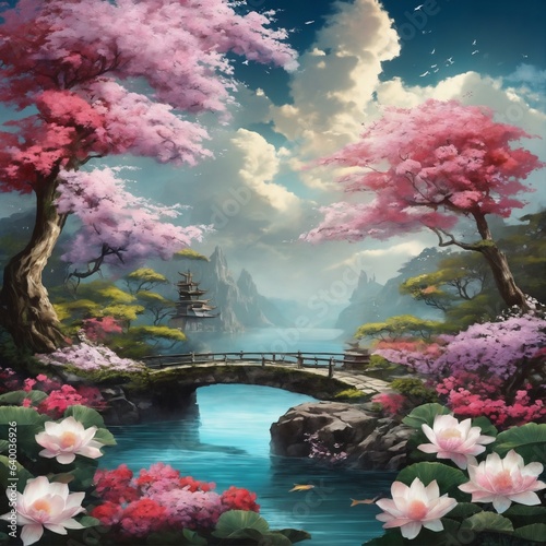 Illustrated Springtime Japanese Garden