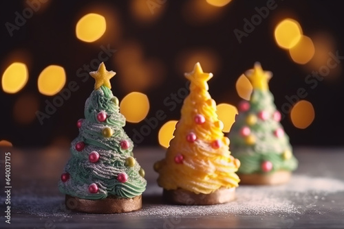 Three Christmas tree shape cakes on a Christmas table, blurred Christmas background. Generative AI