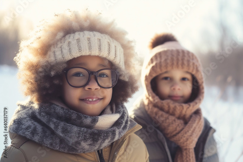 Two afro-american kids in winter walking outdoors. Generative AI