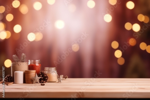 Wooden table with small decorative Christmas elements, blurred Christmas background. Generative AI