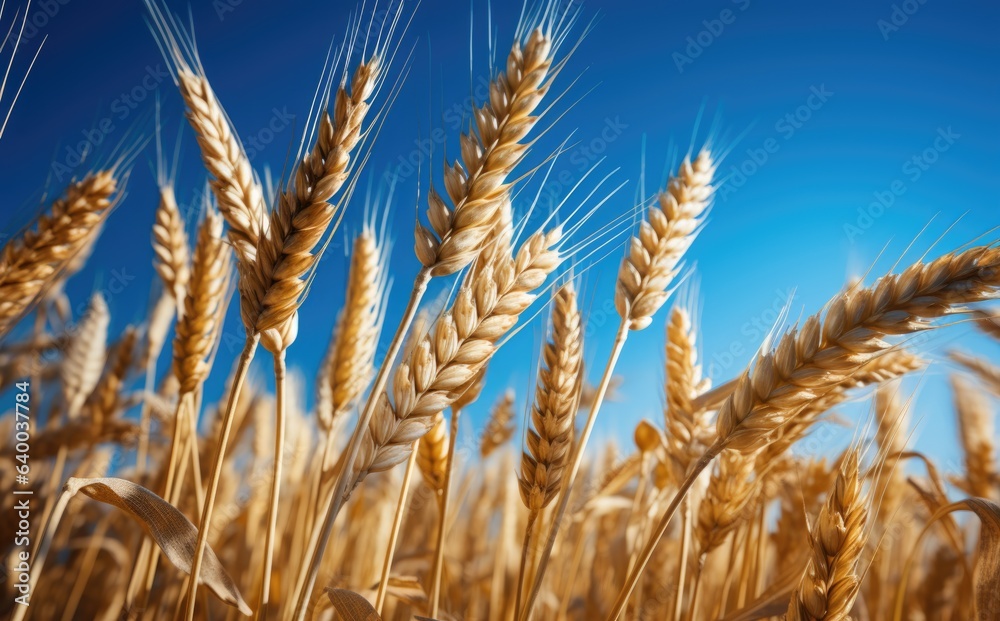 Obraz premium Yellow agricultural field with ripe wheat against the blue sky. ears of wheat close-up