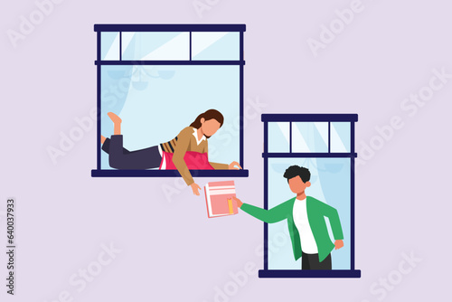 Concept of Neighbors sharing things and helping each other. Colored flat vector illustration isolated. 