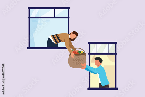Concept of Neighbors sharing things and helping each other. Colored flat vector illustration isolated. 
