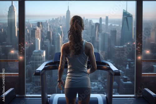 Sports girl athlete in sportswear runs on a treadmill. Vigorous training of sportswoman in the gym alone. View from the window of the city's business district. back portrait