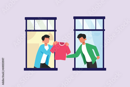 Concept of Neighbors sharing things and helping each other. Colored flat vector illustration isolated. 